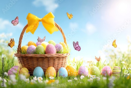 Wallpaper Mural Easter Eggs in Wicker Basket on Grass with Butterflies Torontodigital.ca