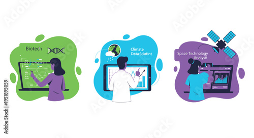Set of 3 business people working on computers vector icons