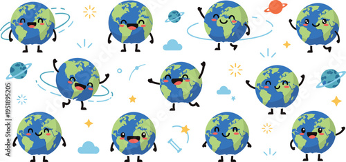 Collection of cute earth character mascots with different emotions and poses