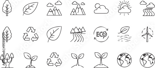 Ecology and Environment Icon Set Featuring Renewable Energy Recycling Symbols Nature Landscapes and Green Earth Conservation Elements