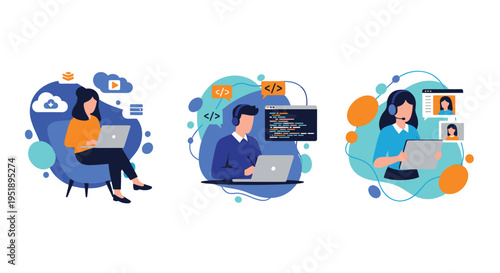 Set of 3 vector illustrations of people working remotely with laptops