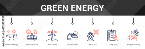 Green Energy  Modern and clean web banner illustration vector featuring thematic icons