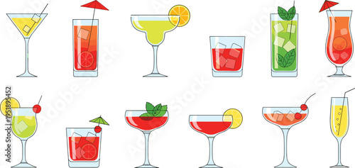 Collection of various summer cocktails and alcohol drinks isolated on white