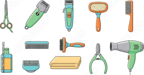 Professional pet grooming tools and equipment set isolated on white