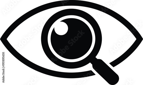 A black outline of an eye contains a magnifying glass for a search or view icon