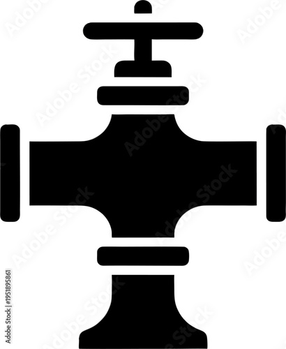 Black Silhouette Cross Pipe Valve with Handle on Pedestal – Plumbing Four-Way Junction Icon Vector