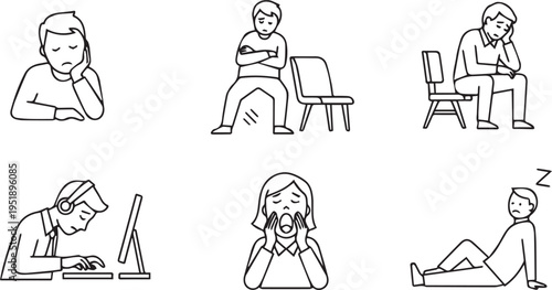 Set of Business People Icons Depicting Tiredness Boredom Procrastination Fatigue and Lack of Motivation in a Modern Office Work Environment