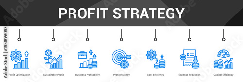 Profit Strategy  Modern and clean web banner illustration vector featuring thematic icons