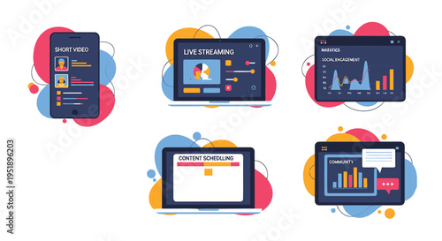 Set of 5 colorful business dashboard icons vector