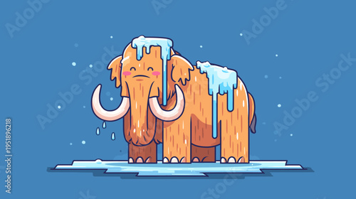 A cartoon mammoth stands on ice with snow, dripping ice from its back and head
