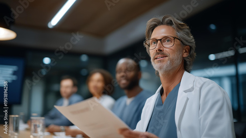 Clinical coordinator reviewing informed consent documents with diverse trial volunteer group in conference room, ethnic diversity evident, medical ethics guidelines displayed on projector screen,