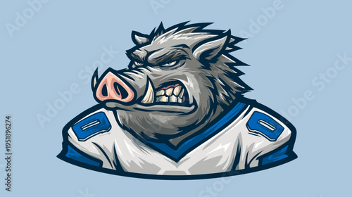 A fierce illustration of a wild boar wearing a sports jersey, on a light blue background