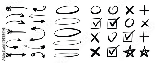 Arrow Marker Hand Drawn Doodle Icons Circle Underline Check Cross Star Oval Round Sketch Brush Pencil Texture Rough Symbol Set