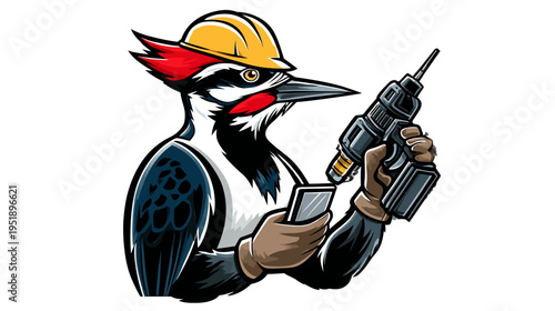 A cartoon woodpecker character in a hard hat holding a drill and a smartphone