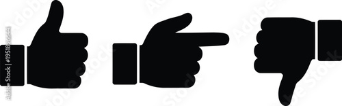 A collection of three essential black silhouette hand gestures including thumbs up, pointing, and thumbs down