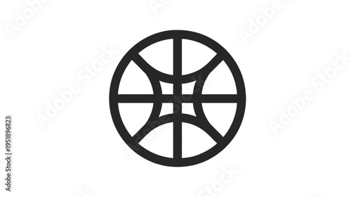 Black circular graphic featuring intersecting curved and straight lines on a white background