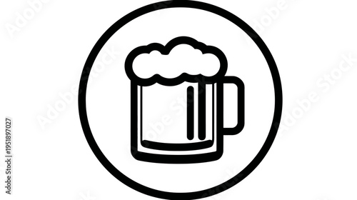 A black and white icon of a beer mug filled with foamy beer, set inside of a circle
