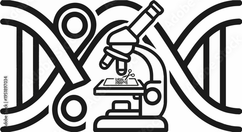 Microscope analyzing DNA helix icon for genetic research and biotechnology laboratory