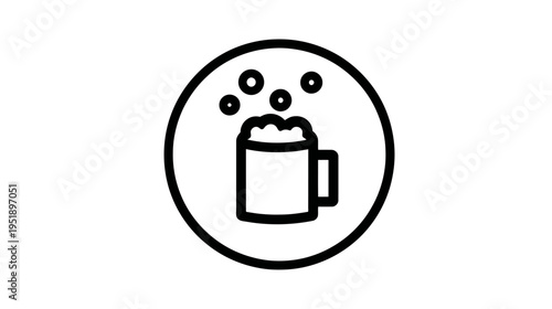 A black and white illustration of a beer mug with foam inside a circle