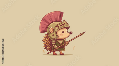 A cute hedgehog character in a spartan helmet, holding a spear, ready for battle