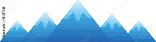 A colorful row of stylized blue mountain peaks with sharp snow capped summits under a bright white sky