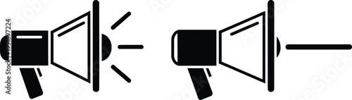A black and white line art illustration showing two different styles of megaphone icons side by side Vector