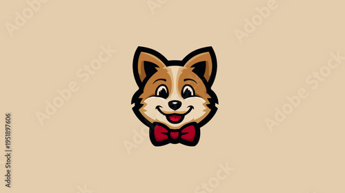 Cartoonish dog head, with red bowtie and smile, on a warm beige background