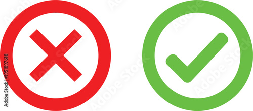 Red cross mark and green check mark icons representing contrast between failure and success state Vector