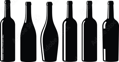 A collection of six distinct black wine bottle silhouettes arranged in a simple horizontal row Vector