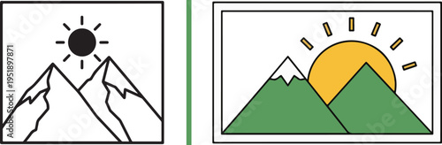 Two landscape icons: a black line-art version featuring mountain peaks with a radiant sun, and a colorful version with green mountains and a large yellow sun rising within a rectangular frame.