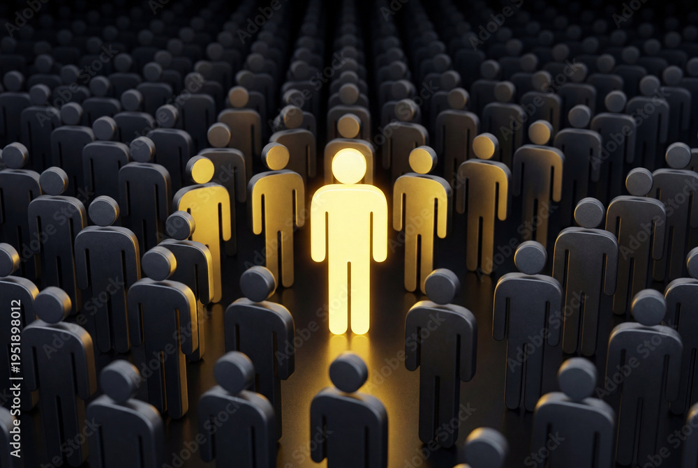 Obraz premium Glowing yellow human figure among dark grey group symbols