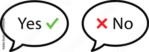 Two speech bubbles showing a green checkmark for yes and a red x symbol for no on white background Vector