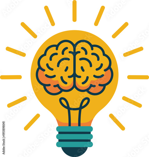 A human brain illustration inside a glowing lightbulb emits bright rays on a pure white background
