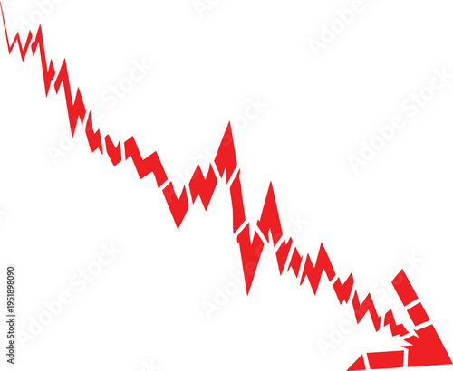 A red downward pointing arrow graph that is broken and fractured into many small jagged pieces Vector