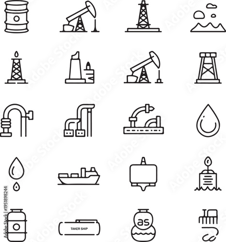 Set of oil and gas industry icons depicting drilling rigs, pipelines, and transportation methods, representing the energy sector