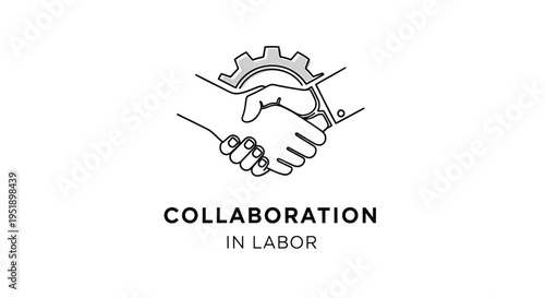 Vector illustration of handshake with gear and text 'COLLABORATION IN LABOR'