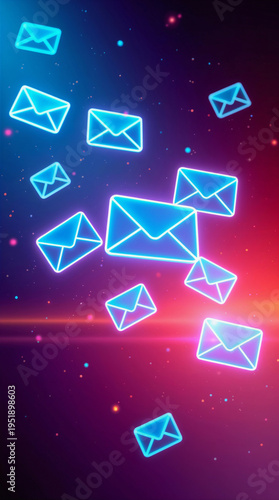 A collection of glowing blue and pink envelopes floating in a cosmic background