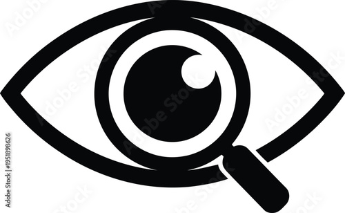 A minimalist eye graphic featuring a magnifying glass covering the pupil area on a clean white surface