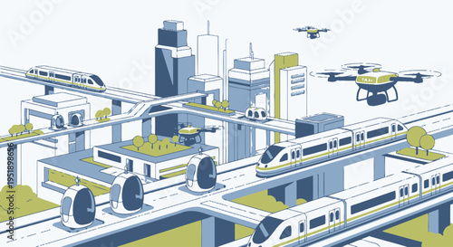 Futuristic city transportation system with trains and drones