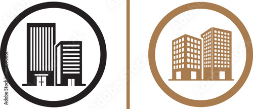 Two landscape icons: a minimalist black outline of mountain peaks with a sun in a rectangular frame, and a vibrant yellow version featuring twin peaks and a radiant sun in a rounded border.