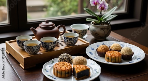 Traditional chinese tea and mooncakes served on decorative plates