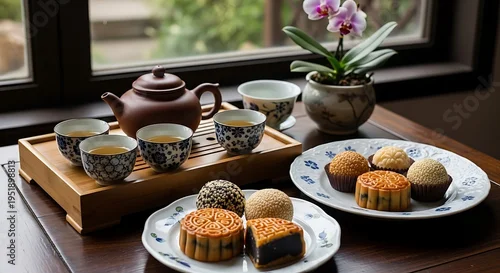 Obraz  z motywem Traditional chinese tea and mooncakes served on decorative plates