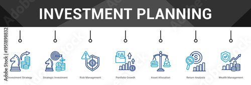 Investment Planning  Modern and clean web banner illustration vector featuring thematic icons
