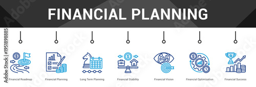 Financial Planning  Modern and clean web banner illustration vector featuring thematic icons