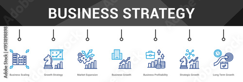 Business Strategy  Modern and clean web banner illustration vector featuring thematic icons