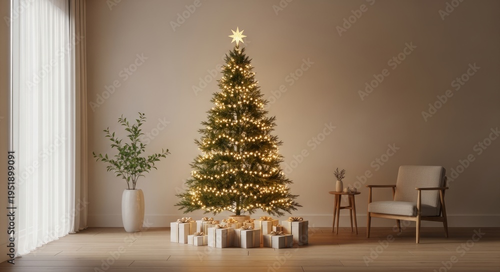 Fototapeta premium Christmas tree with lights and gifts in minimalist living room