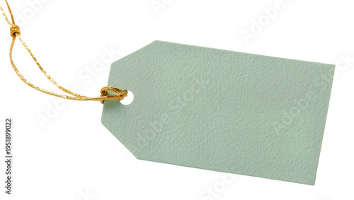 Fotografía Light green textured blank gift tag with a shiny gold string, isolated PNG on tr