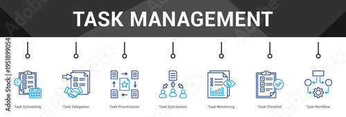 Task Management  Modern and clean web banner illustration vector featuring thematic icons