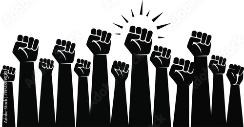 A powerful illustration of multiple raised black fists symbolizing protest and collective solidarity against oppression