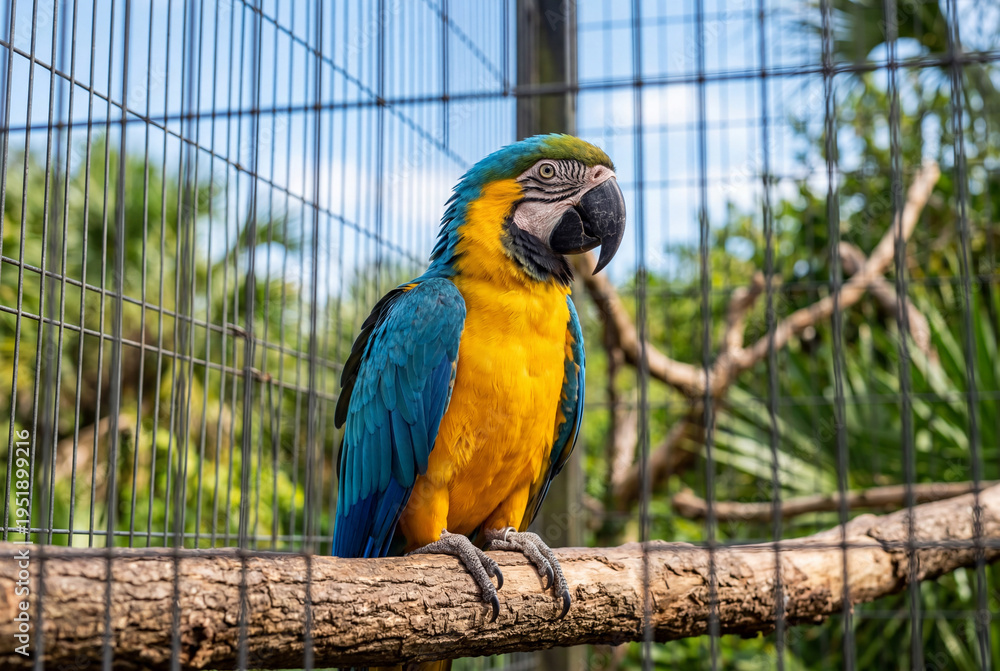Obraz premium Vivid blue and yellow macaw perched on wooden branch in aviary